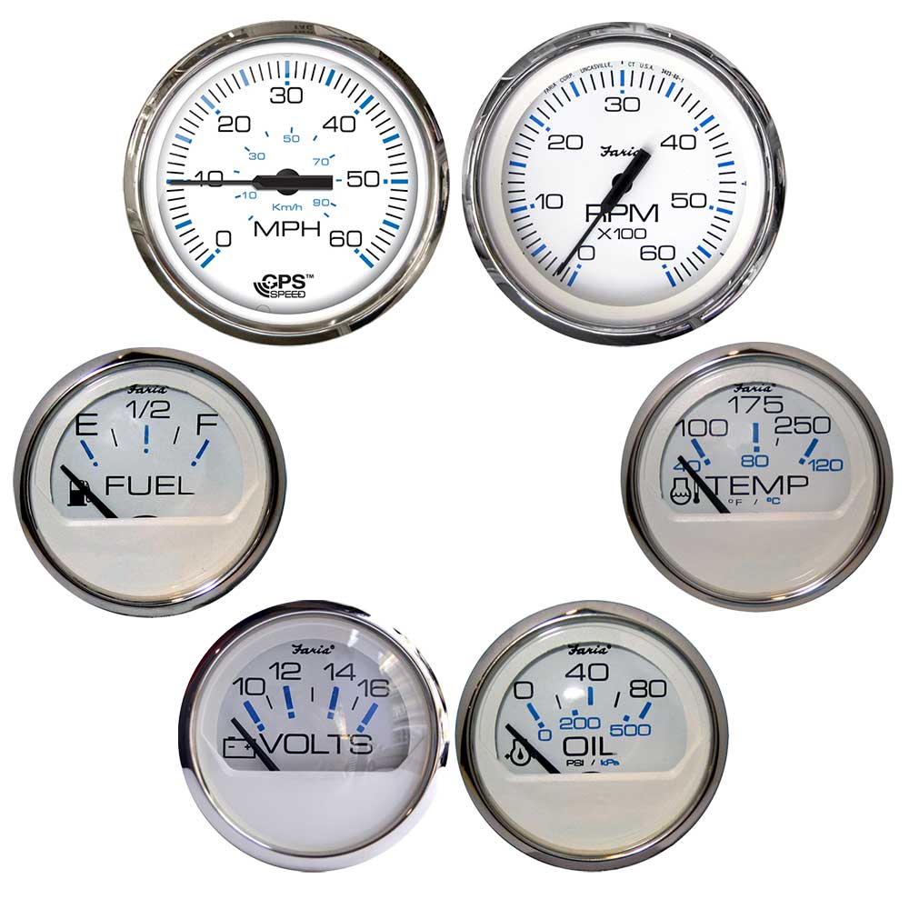 Faria Chesapeake White wStainless Steel Bezel Boxed Set of 6 Speed Tach Fuel Level Voltmeter Water Temperature Oil PSI