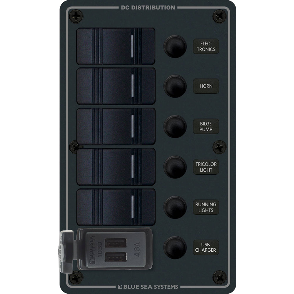 Blue Sea 8521 5 Position Contura Switch Panel wDual USB Chargers 1224V DC Black 8521