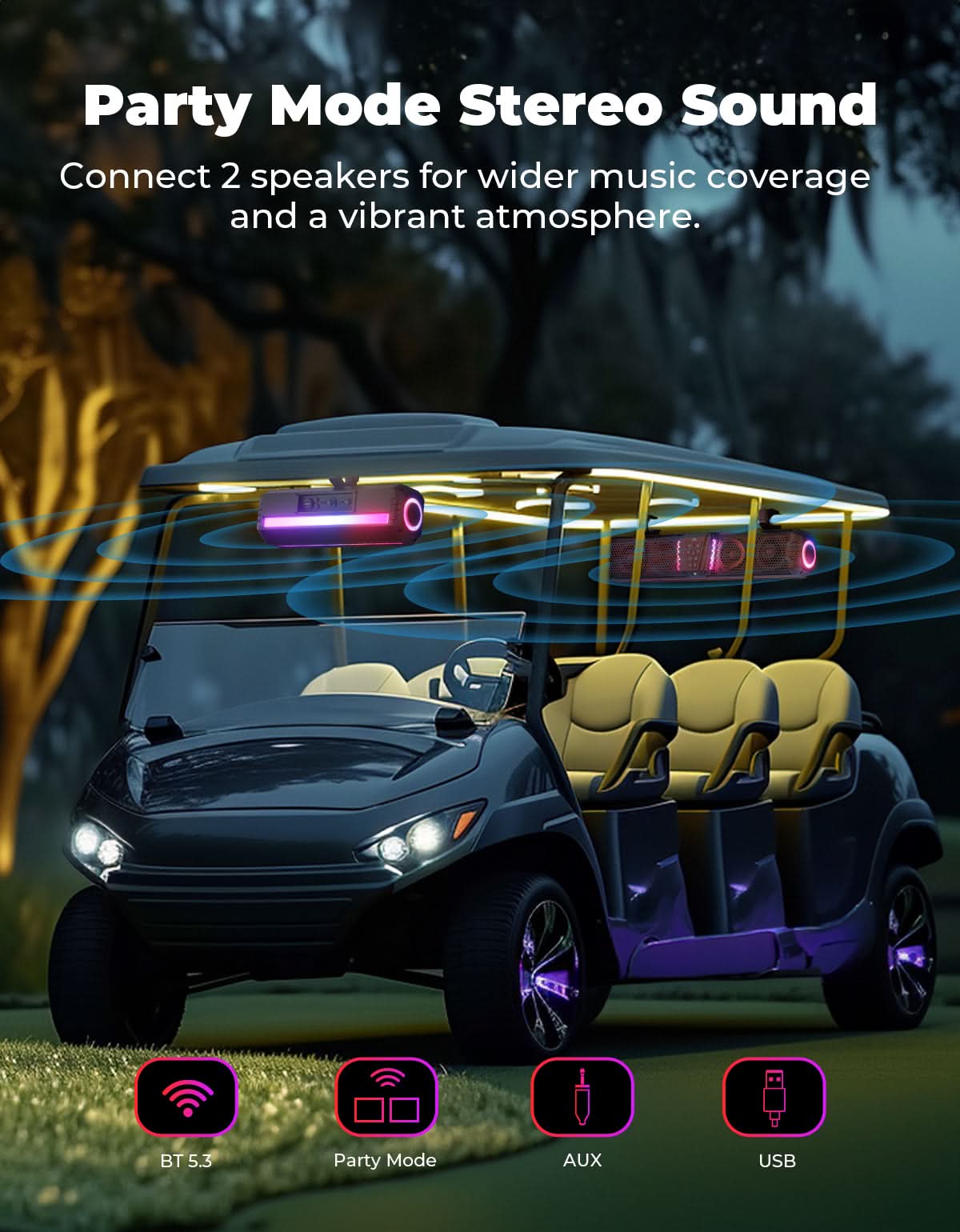 Midnight 40 16' Bluetooth Sound Bar –2025 Compact RGB UTV Speaker for Golf Cart, ATV, Polaris RZR