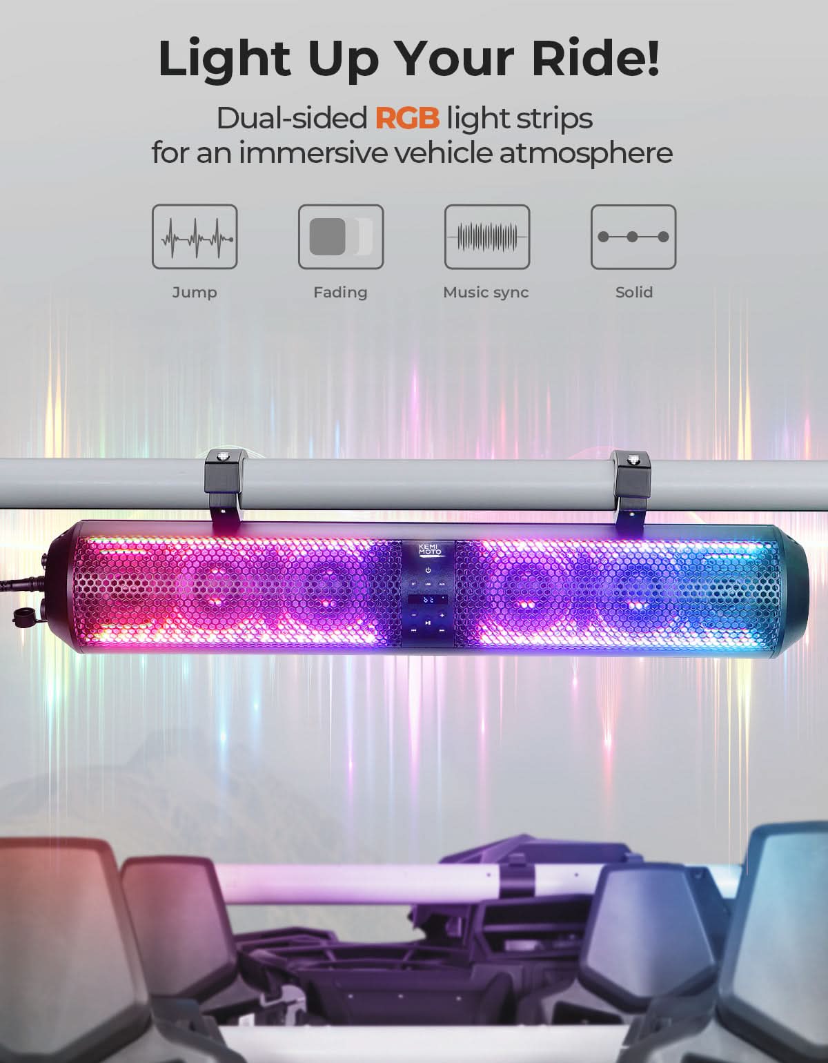 UTV Bluetooth Sound Bar – 32' RGB Speaker, IP66 Waterproof 2025 | Fits 1'-2' Roll Bars on Polaris RZR, Can-Am, SxS, Golf Carts