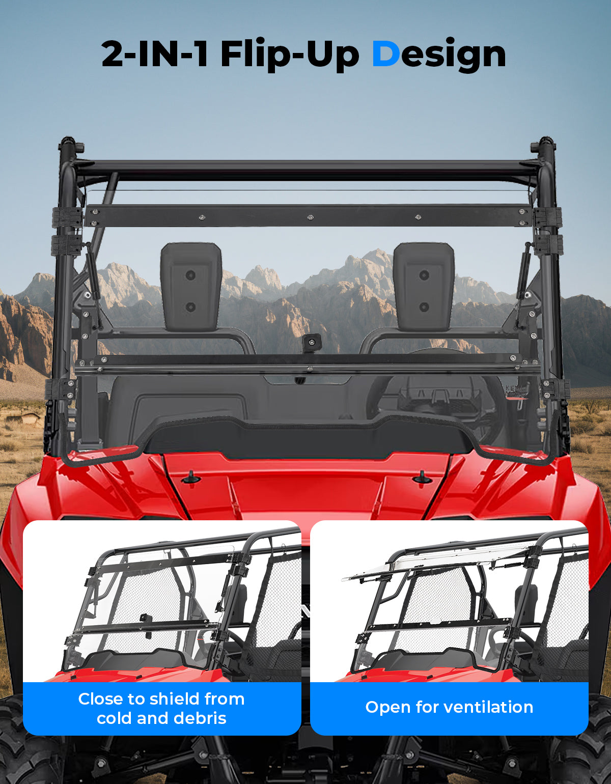 UTV Flip Up Windshield for Pioneer 700/700-4 2014-2025 - Kemimoto