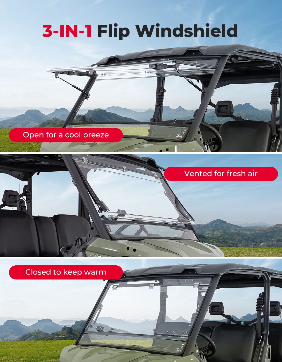 3-in-1 Flip Scratch-Resistant Windshield for Can-Am Defender & Defender Max HD5/HD8/HD10