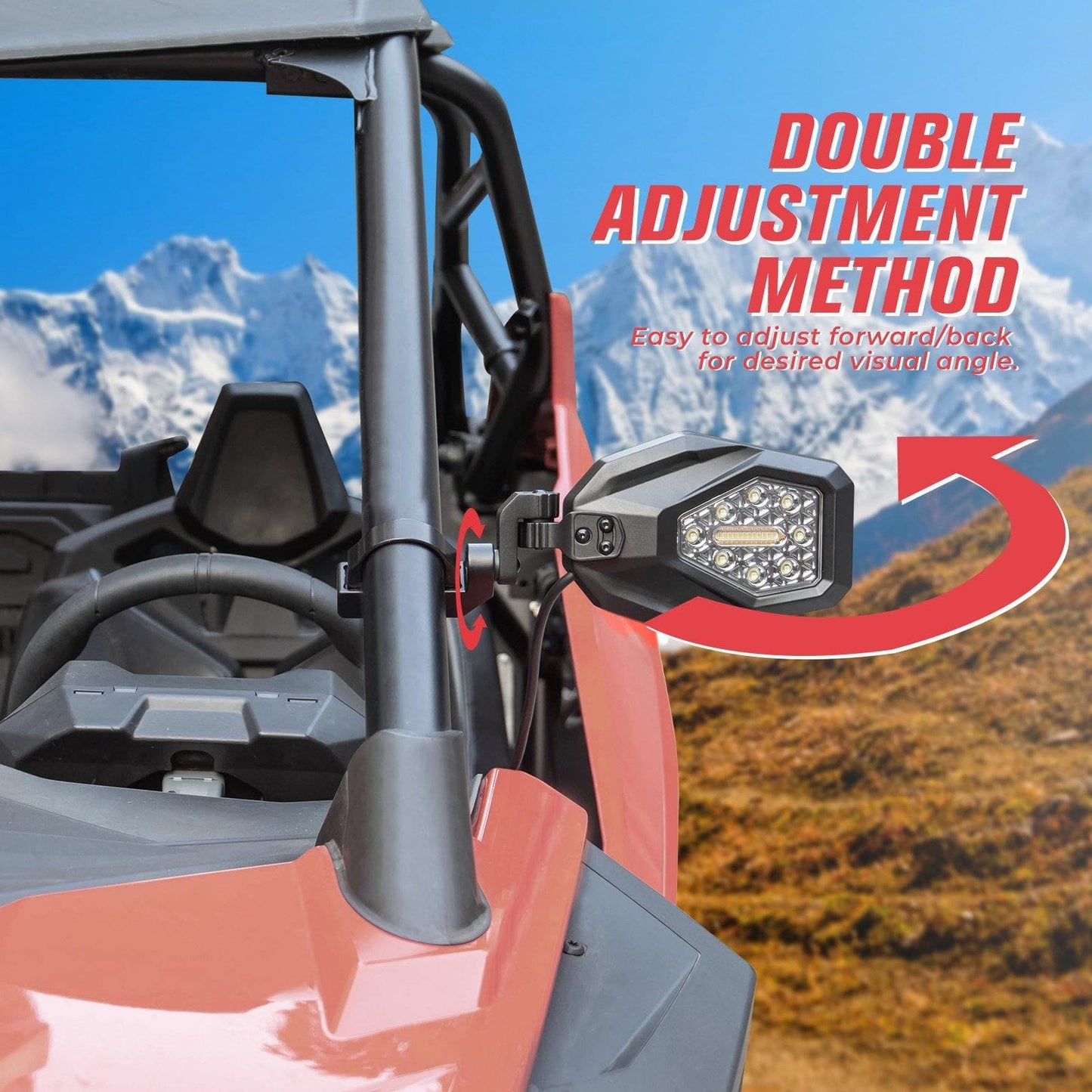 UTV 1.65"-2" Round Tube Adjustable Rear View Mirror & UTV 1.6"-2" Round Tube Adjustable LED Side Mirror With Turn Signal Light - Kemimoto