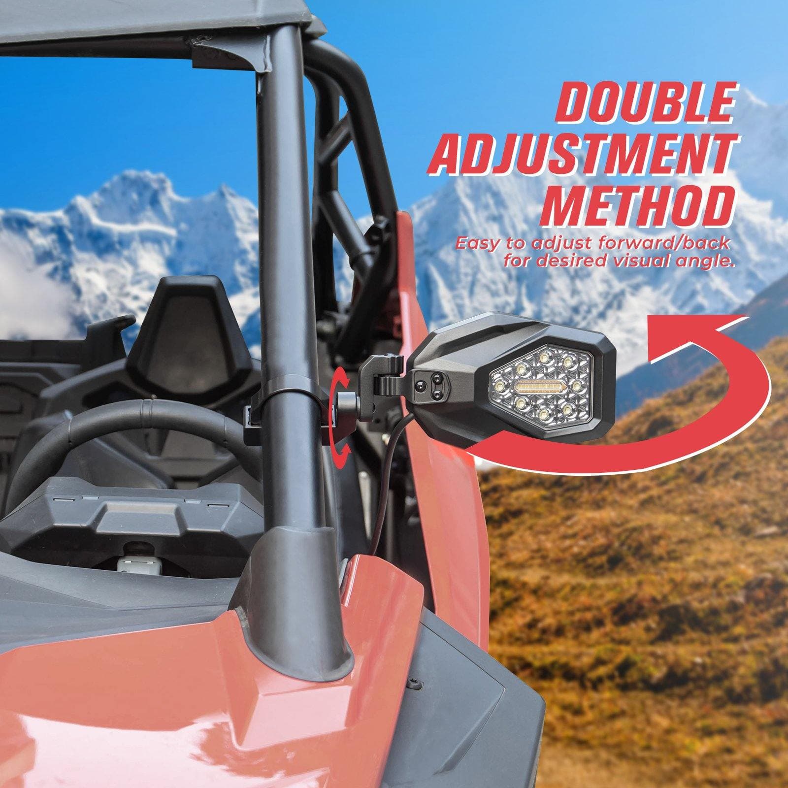 UTV 1.65"-2" Round Tube Adjustable Rear View Mirror & UTV 1.6"-2" Round Tube Adjustable LED Side Mirror With Turn Signal Light - Kemimoto