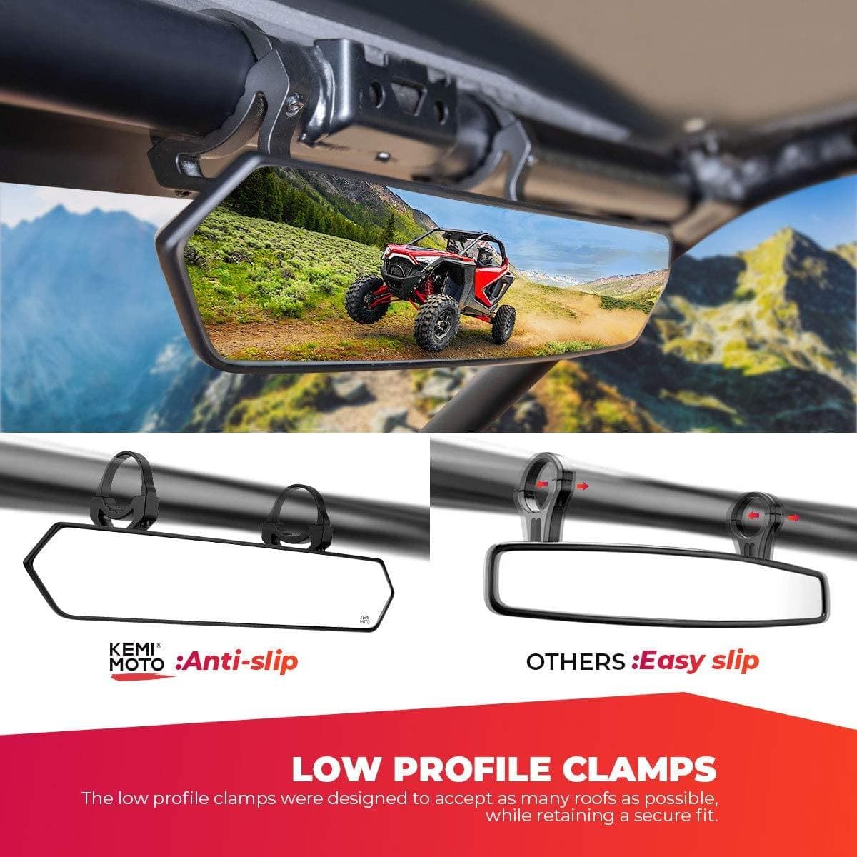 UTV 1.65"-2" Round Tube Adjustable Rear View Mirror & UTV 1.6"-2" Round Tube Adjustable Side Mirror - Kemimoto