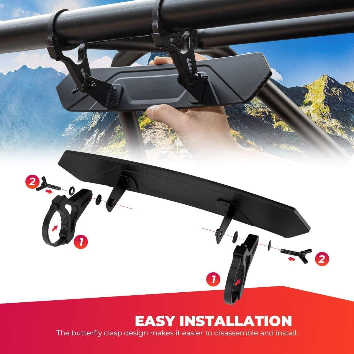 UTV 1.65"-2" Round Tube Adjustable Rear View Mirror & UTV 1.6"-2" Round Tube Adjustable Side Mirror - Kemimoto