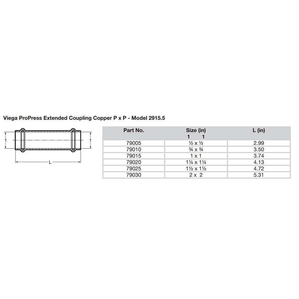 Viega ProPress 12 Extended Coupling wo Stop  Double Press Connection  Smart Connect Technology 79005