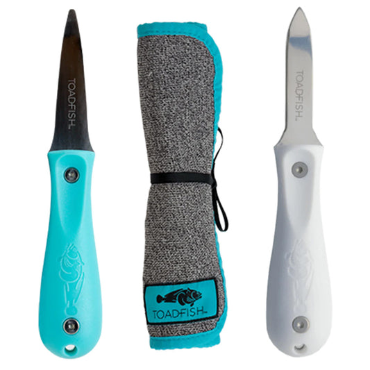 Toadfish Shuckers Bundle  Put Em Back Oyster Knife Professional Oyster Knife  CutProof Shucking Cloth 1014