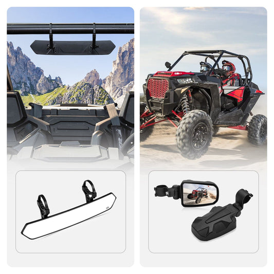 UTV 1.65"-2" Round Tube Adjustable Rear View Mirror & UTV 1.75" Round Tube Convex Side Mirror - Kemimoto