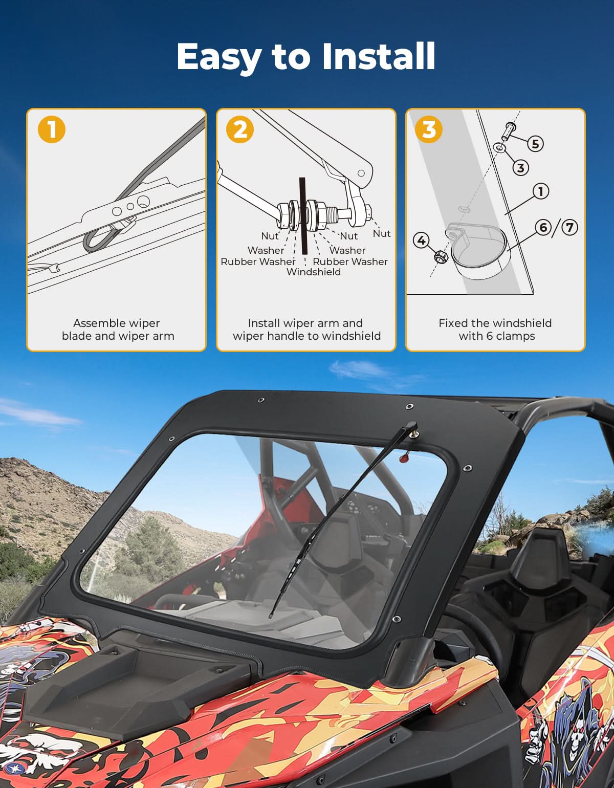 Glass Windshield with Manual Wipers for Polaris RZR PRO XP / RZR Turbo R 2020-2024 - Kemimoto