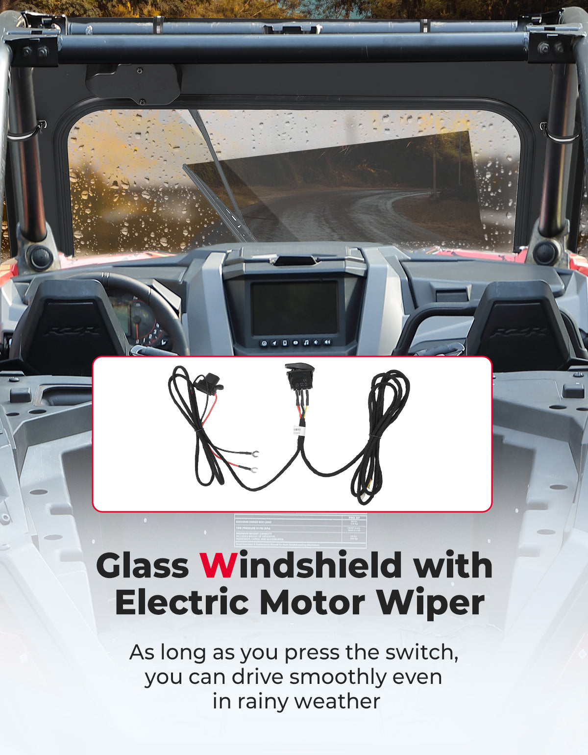 Glass Windshield with Electric Wipers for 2020-2024 Polaris RZR PRO XP / RZR Turbo R - Kemimoto