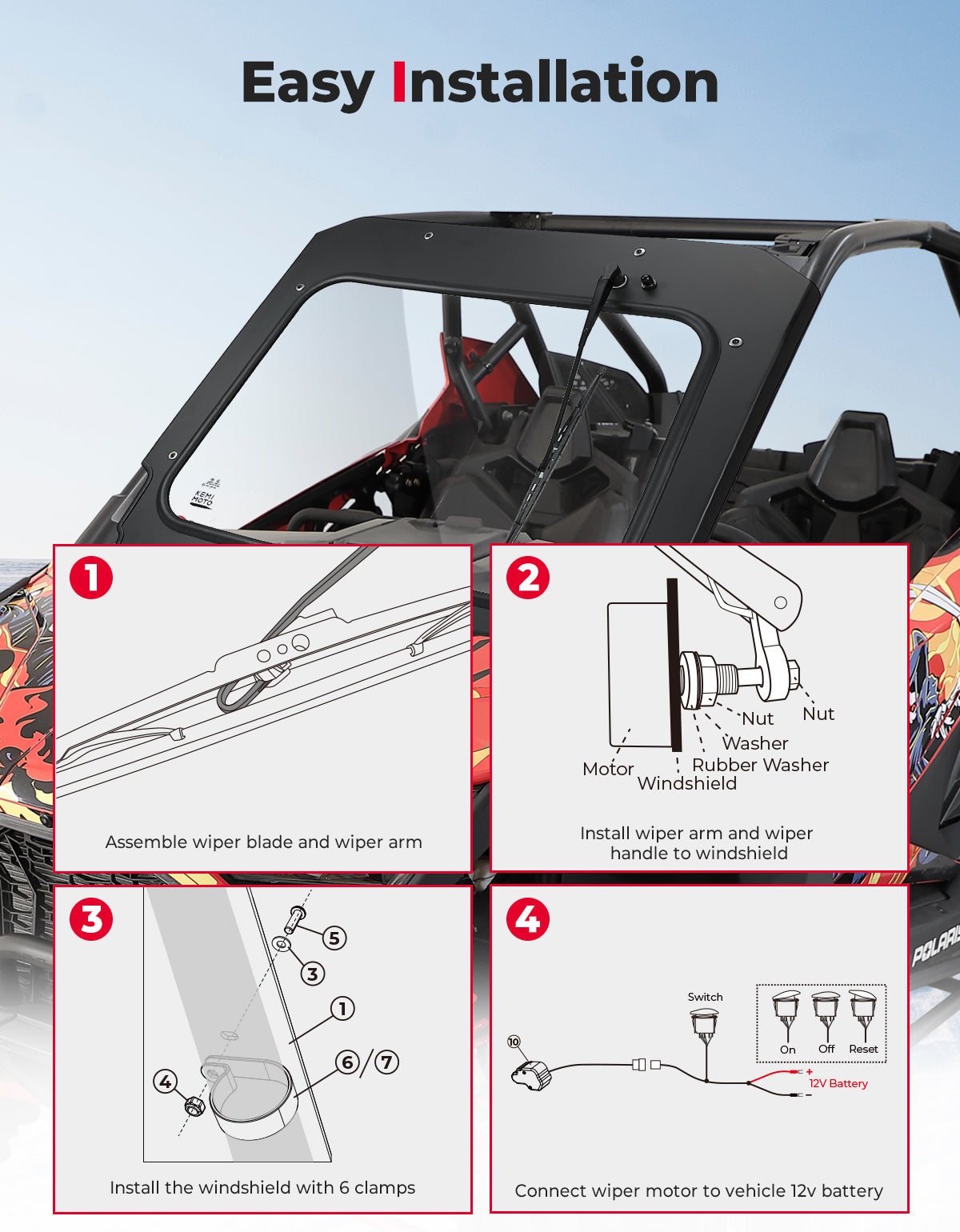Glass Windshield with Electric Wipers for 2020-2024 Polaris RZR PRO XP / RZR Turbo R - Kemimoto