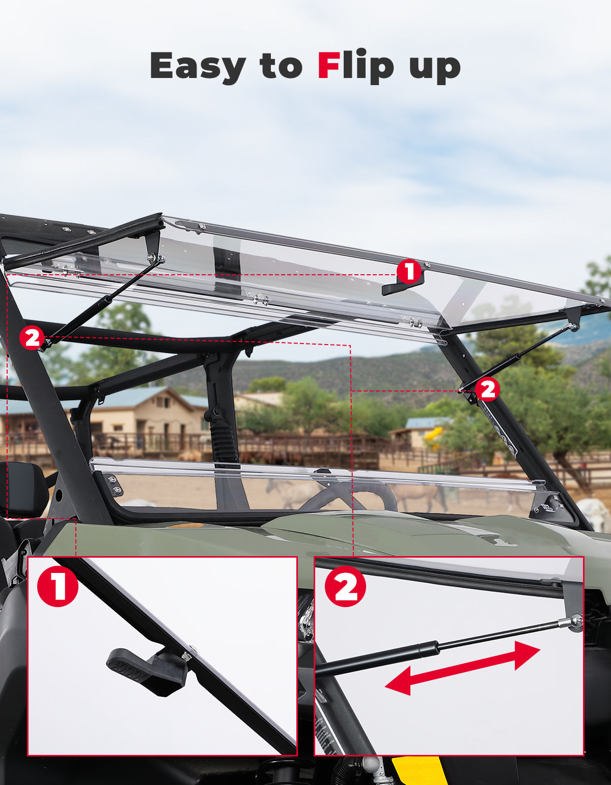 2-in-1 Flip Windshield 1/5' Thick Polycarbonate for Can-Am Defender HD5/8/10