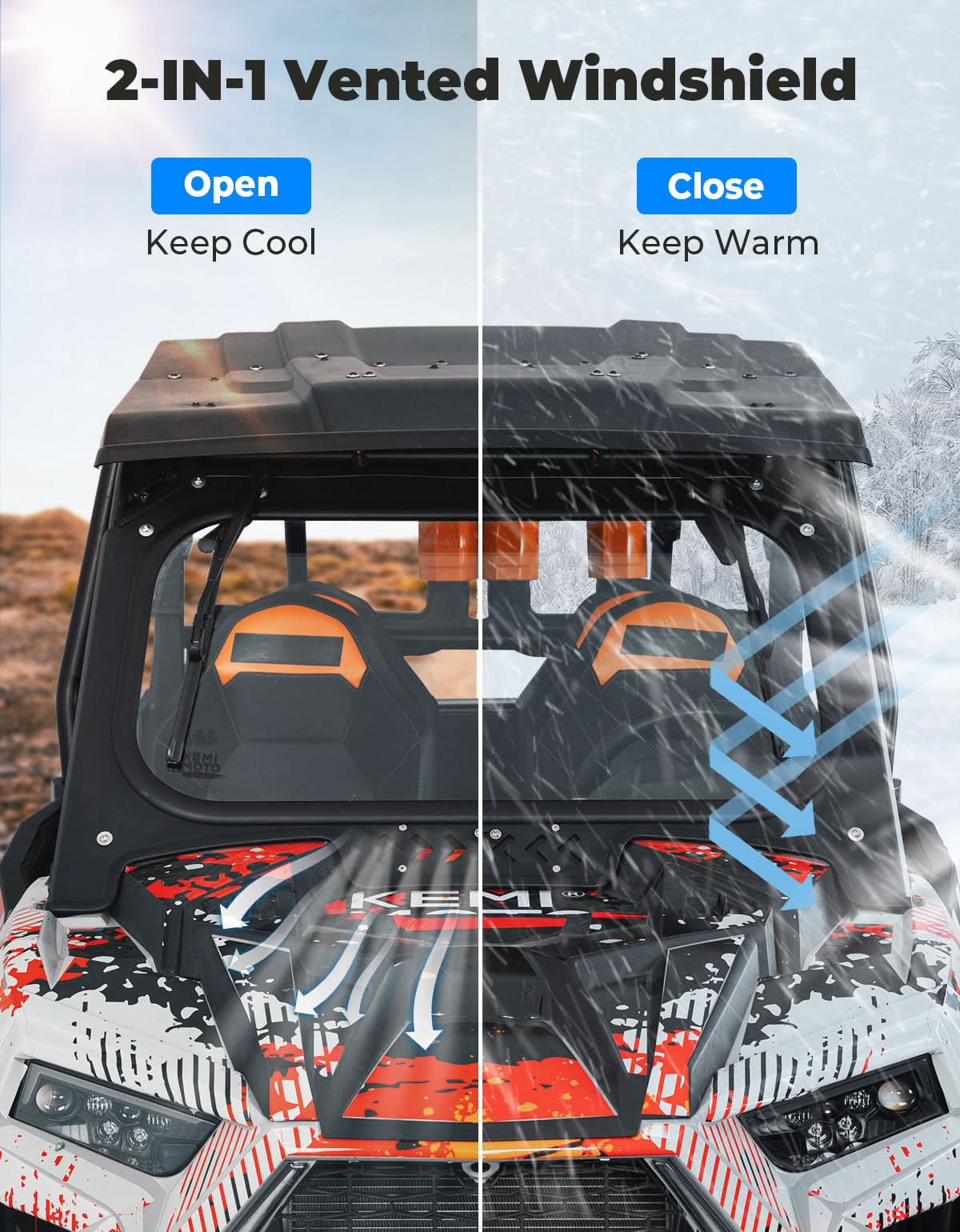 Glass Windshield with 2 Manual Wipers for 2019-2023 Polaris RZR XP 1000 /Turbo - Kemimoto