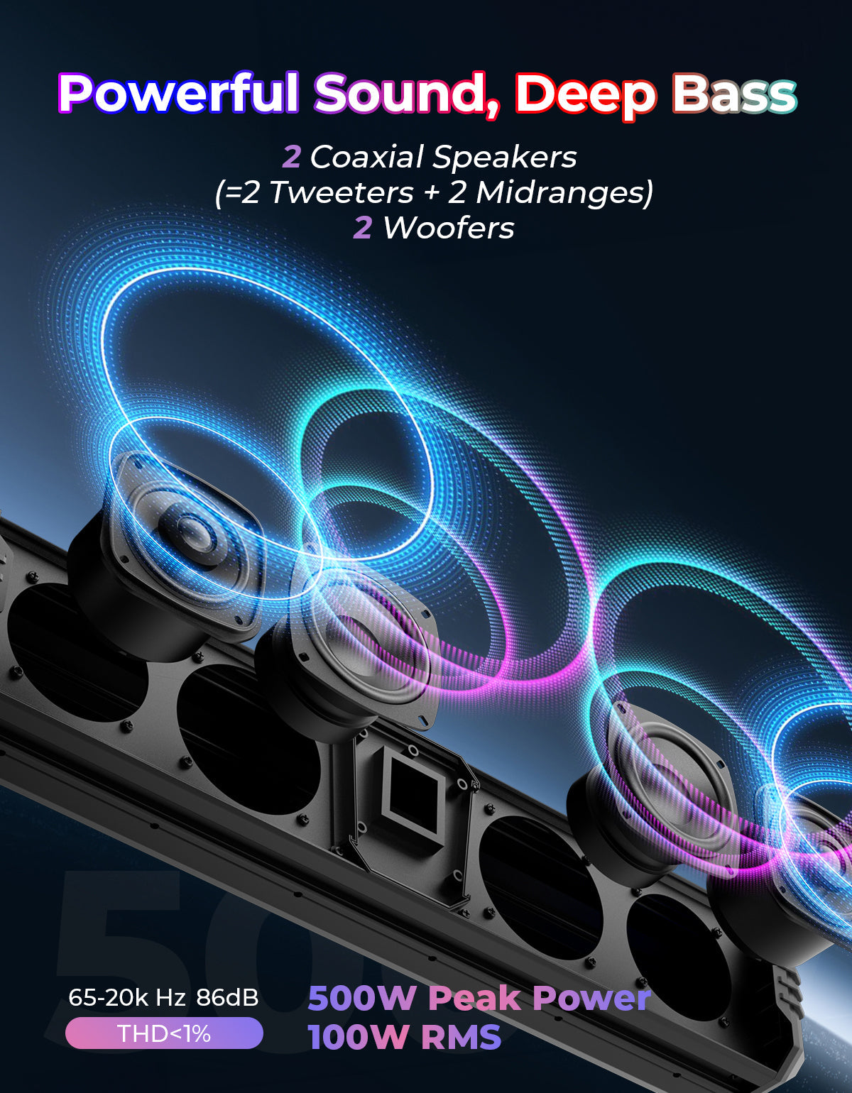 KEMIMOTO Midnight 60 26" 4-Speaker UTV Bluetooth Sound Bar w/RGB Lighting - Kemimoto