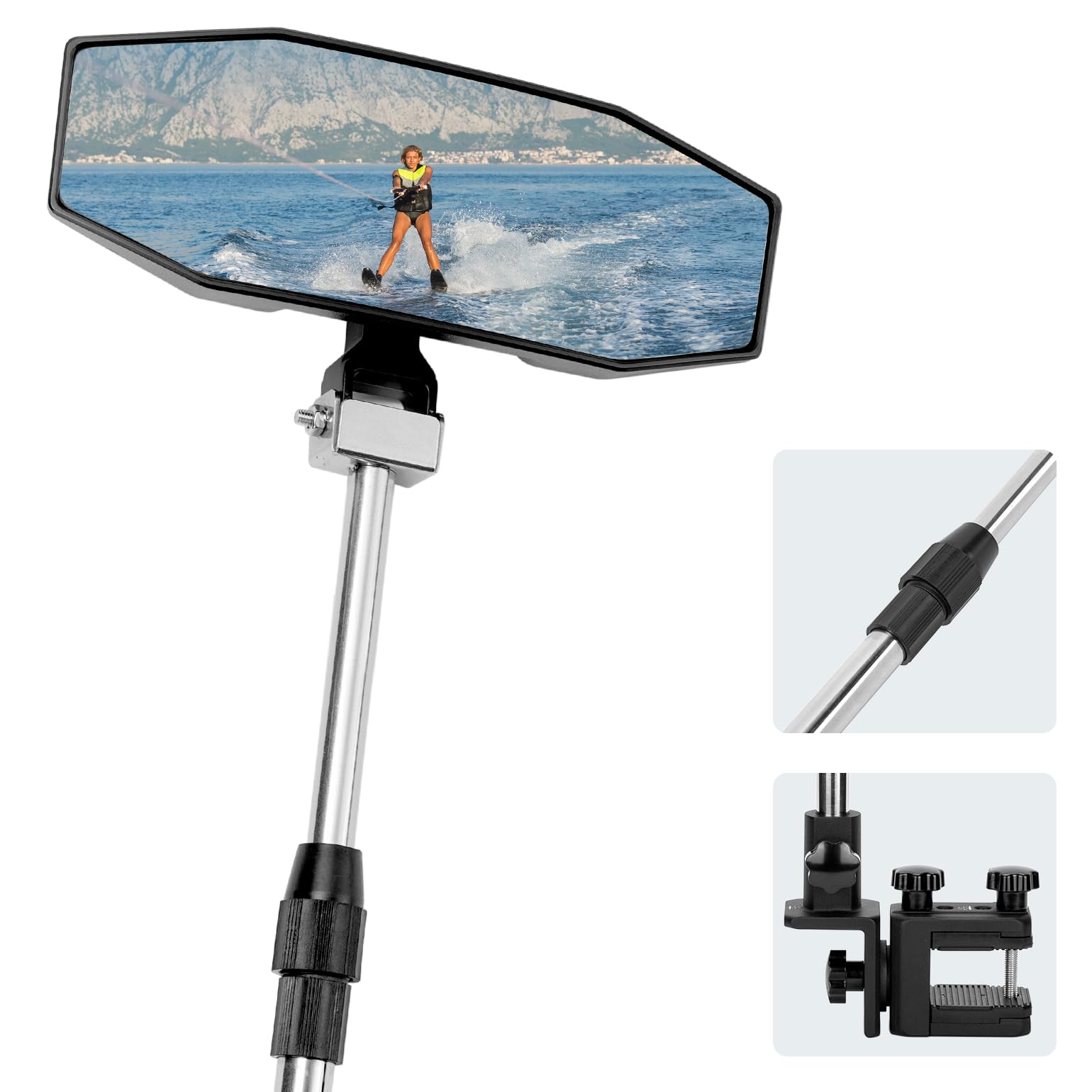 360¡ã Adjustable Boat Rear Mirror with Telescoping Pole 4.5"x8" - Kemimoto