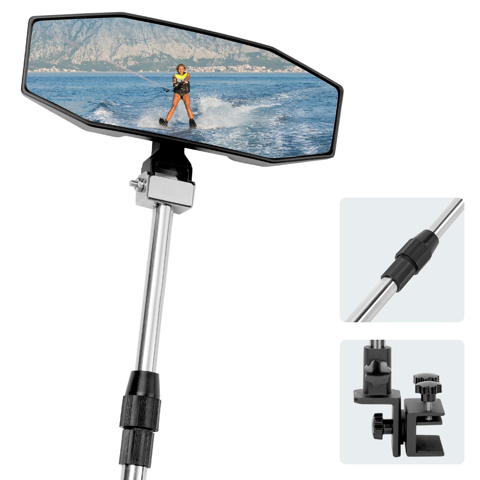 360¡ã Adjustable Boat Rear Mirror with Telescoping Pole 4.5"x8" - Kemimoto