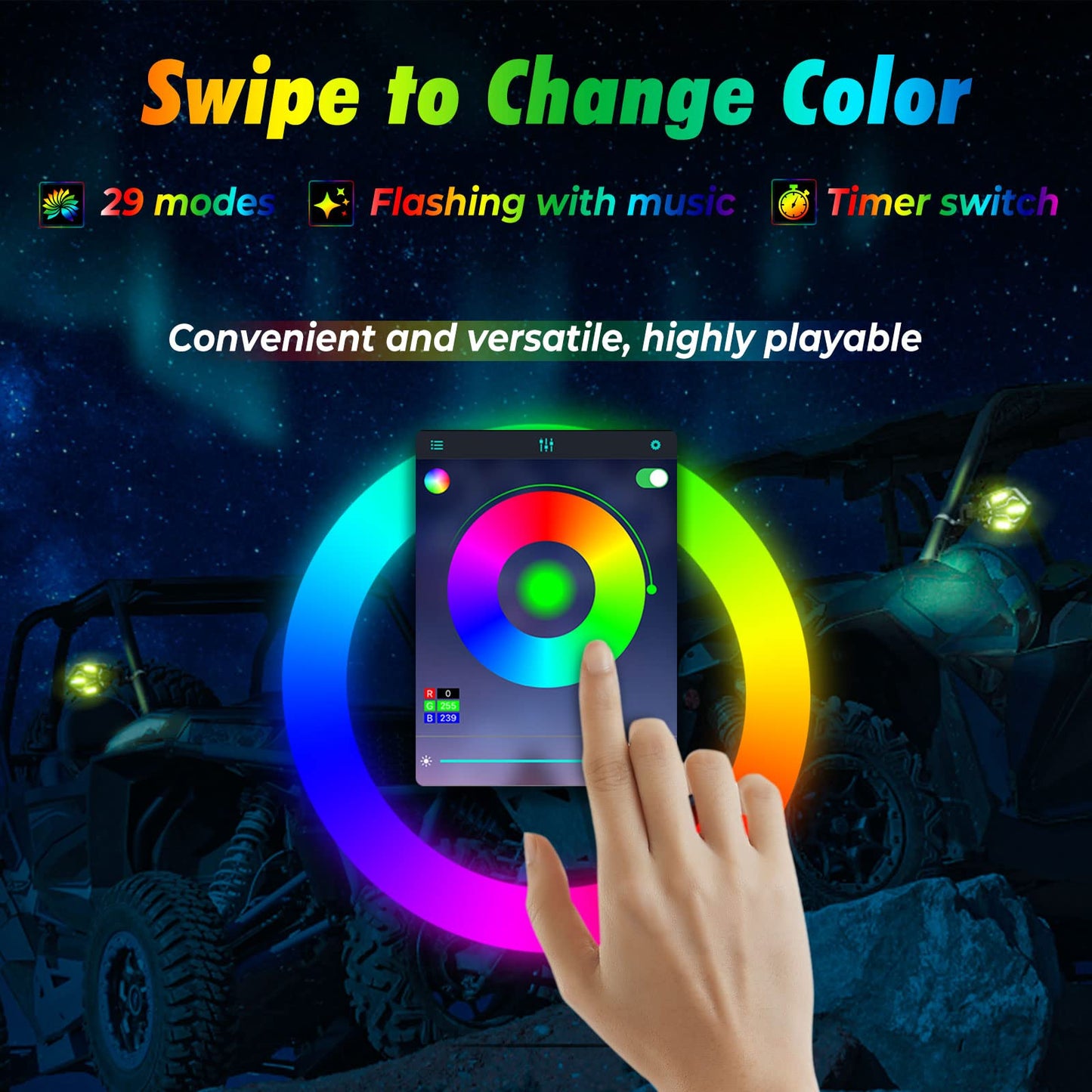 Aluminium RGB Lighted Side Mirrors Fit with Windshield for 1.6"-2" Roll Bar