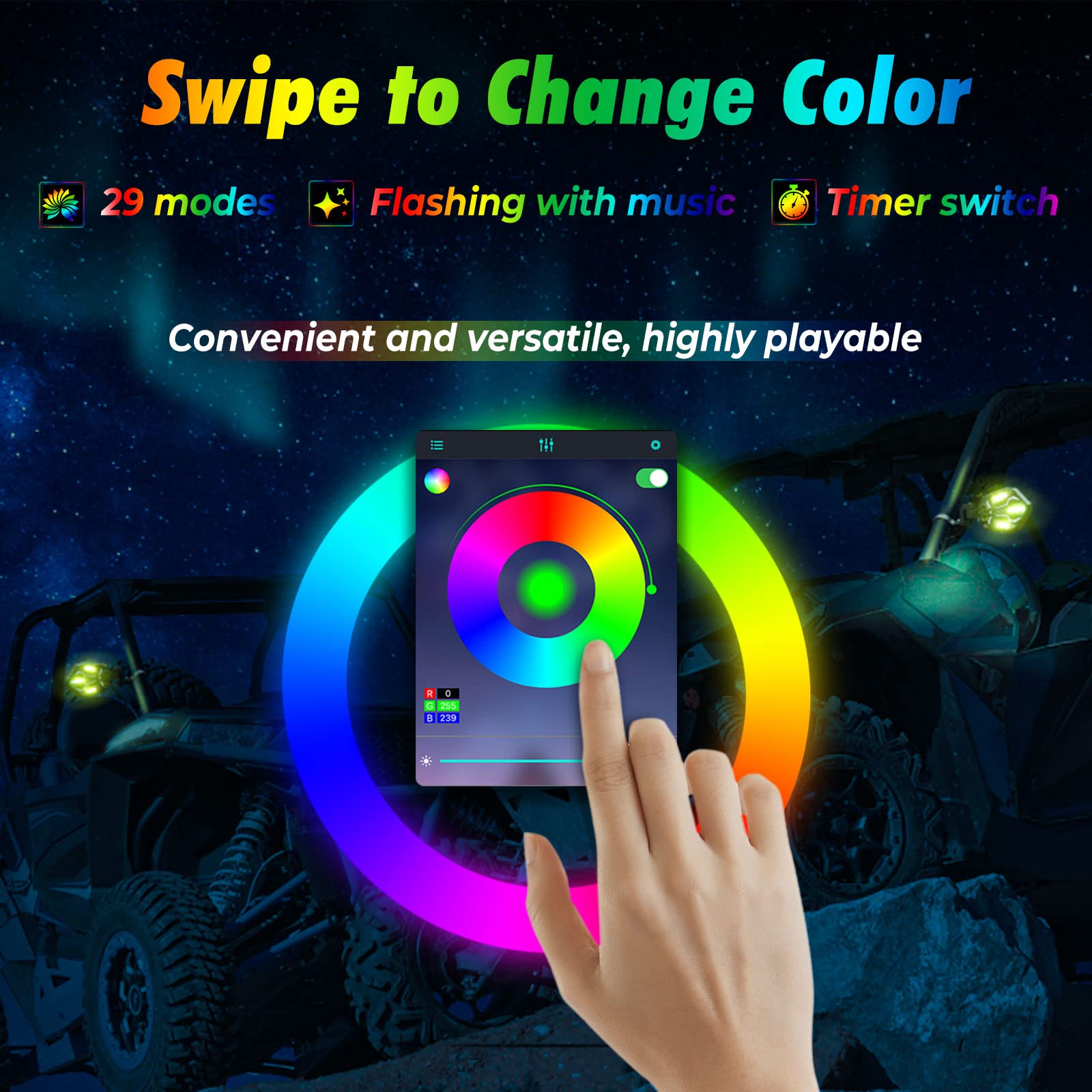 Aluminium RGB Lighted Side Mirrors Fit with Windshield for 1.6"-2" Roll Bar