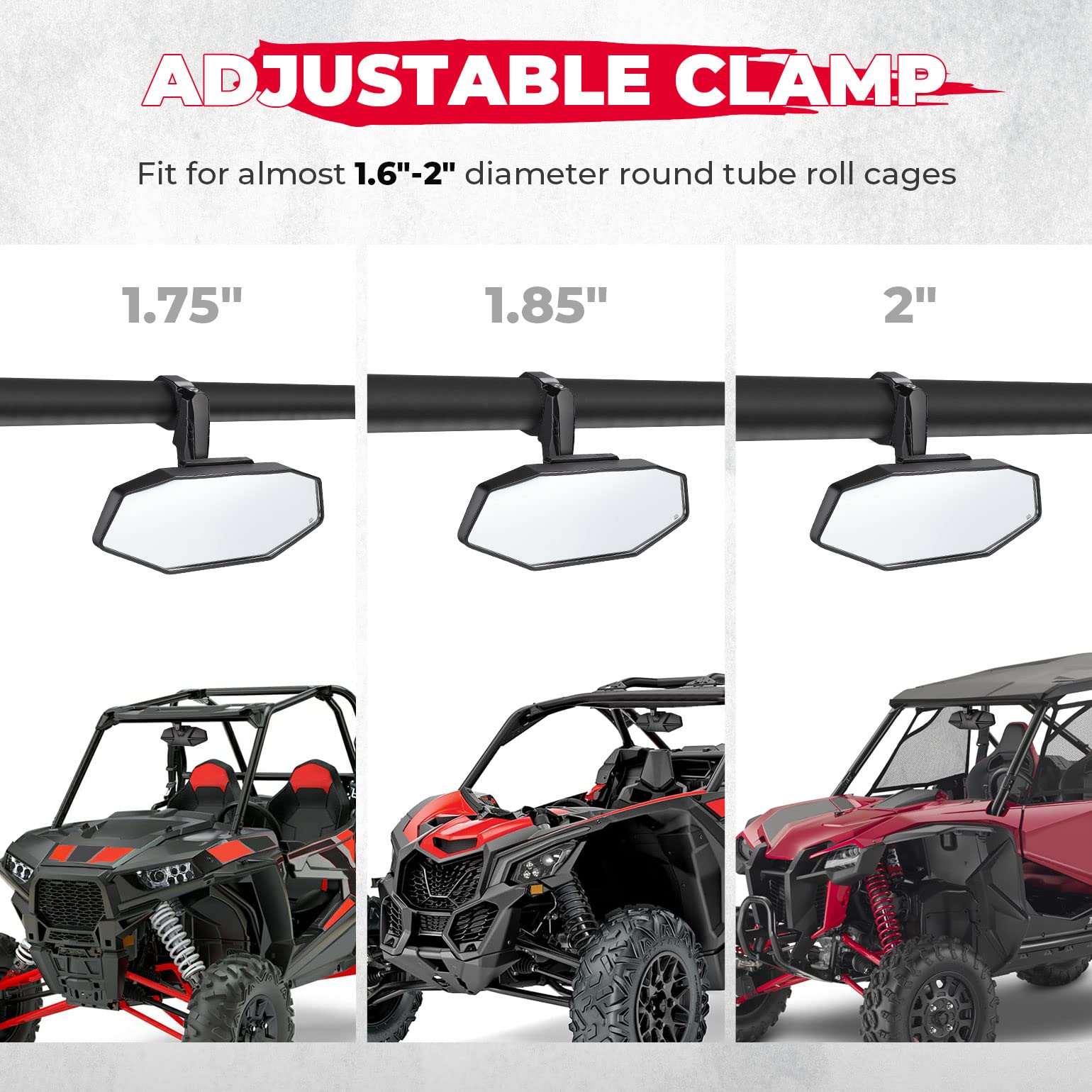 UTV Rear View Mirror Fit for 1.6"-2" Roll Bar Mount - Kemimoto