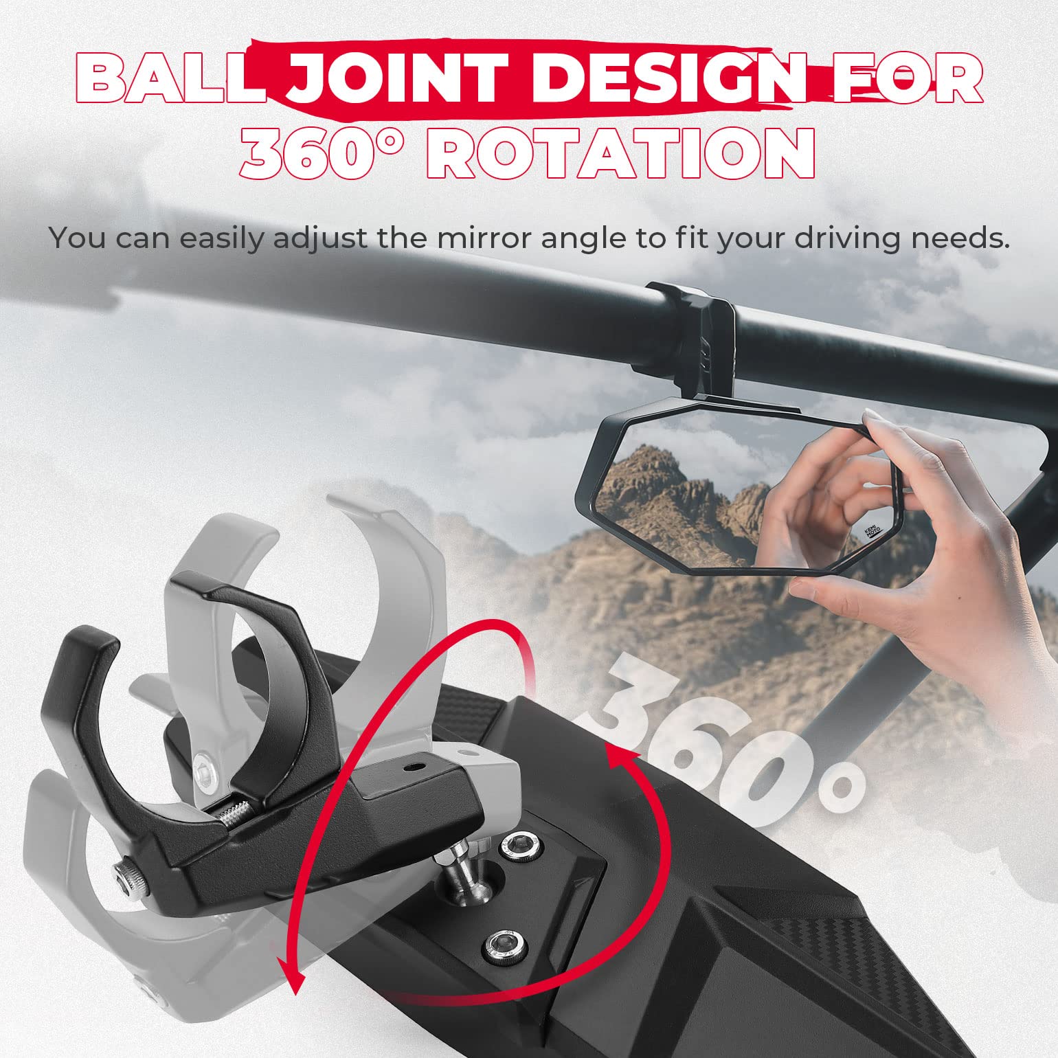 UTV Rear View Mirror Fit for 1.6"-2" Roll Bar Mount - Kemimoto