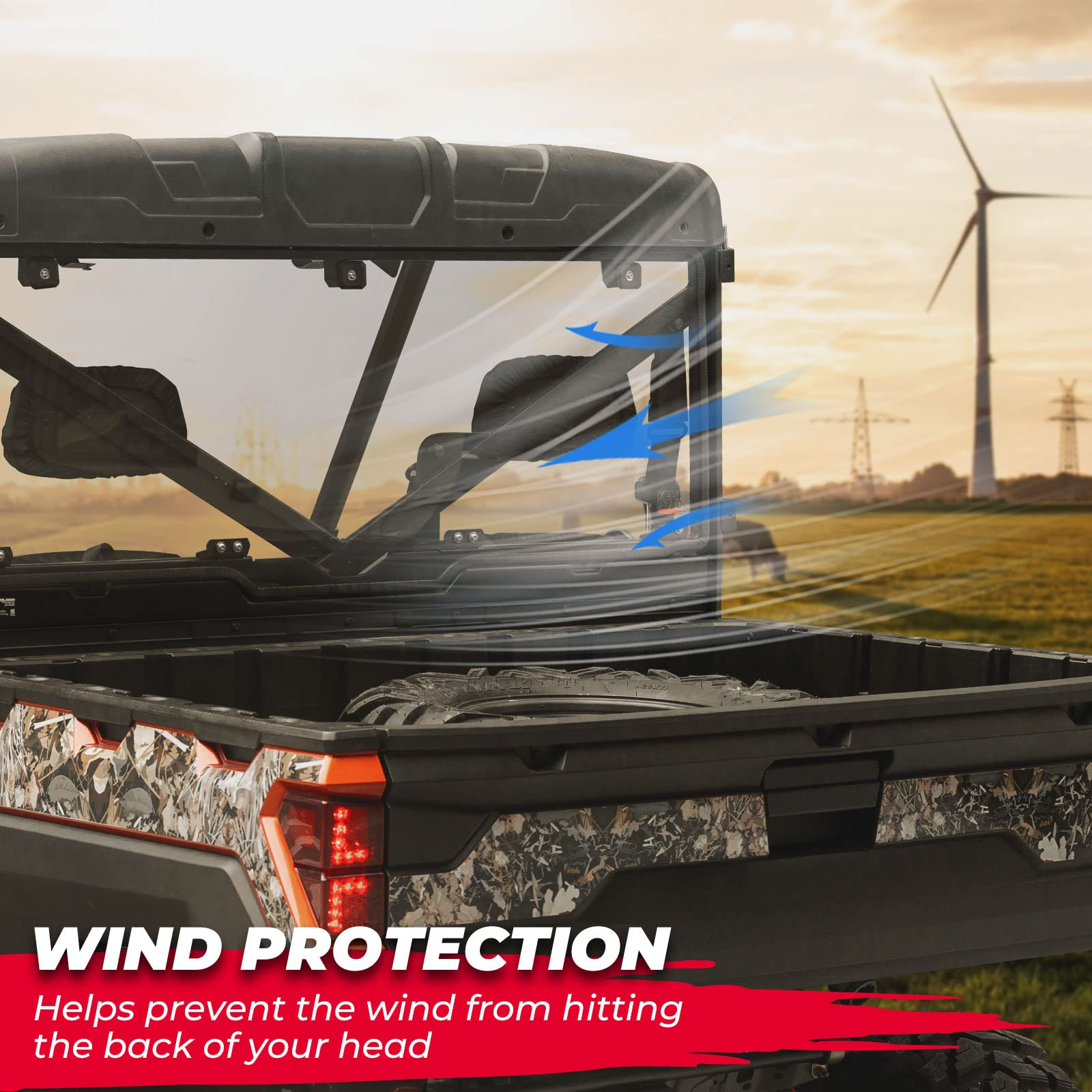 Rear Rear Windshield Compatible with 2017-2023 Polaris Ranger - Kemimoto