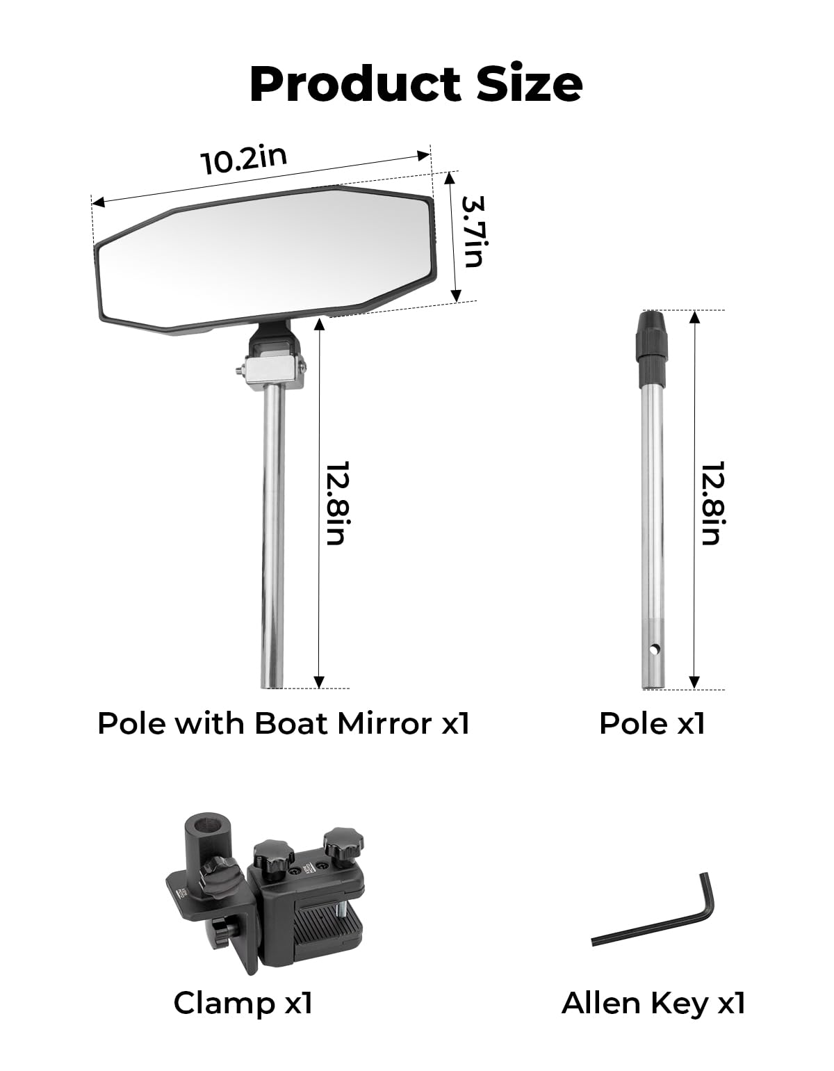 360¡ã Adjustable Boat Rear Mirror with Telescoping Pole 4.5"x8" - Kemimoto