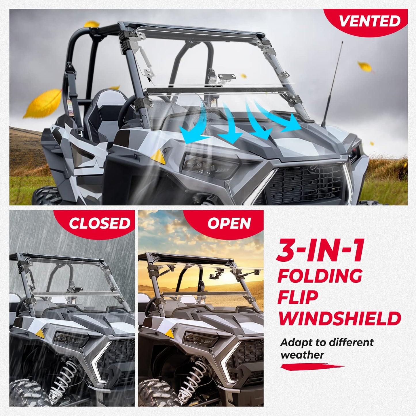 Cab Enclosures 2 Soft Upper Doors 3-IN-1 Flip Windshield for Polaris RZR XP 1000