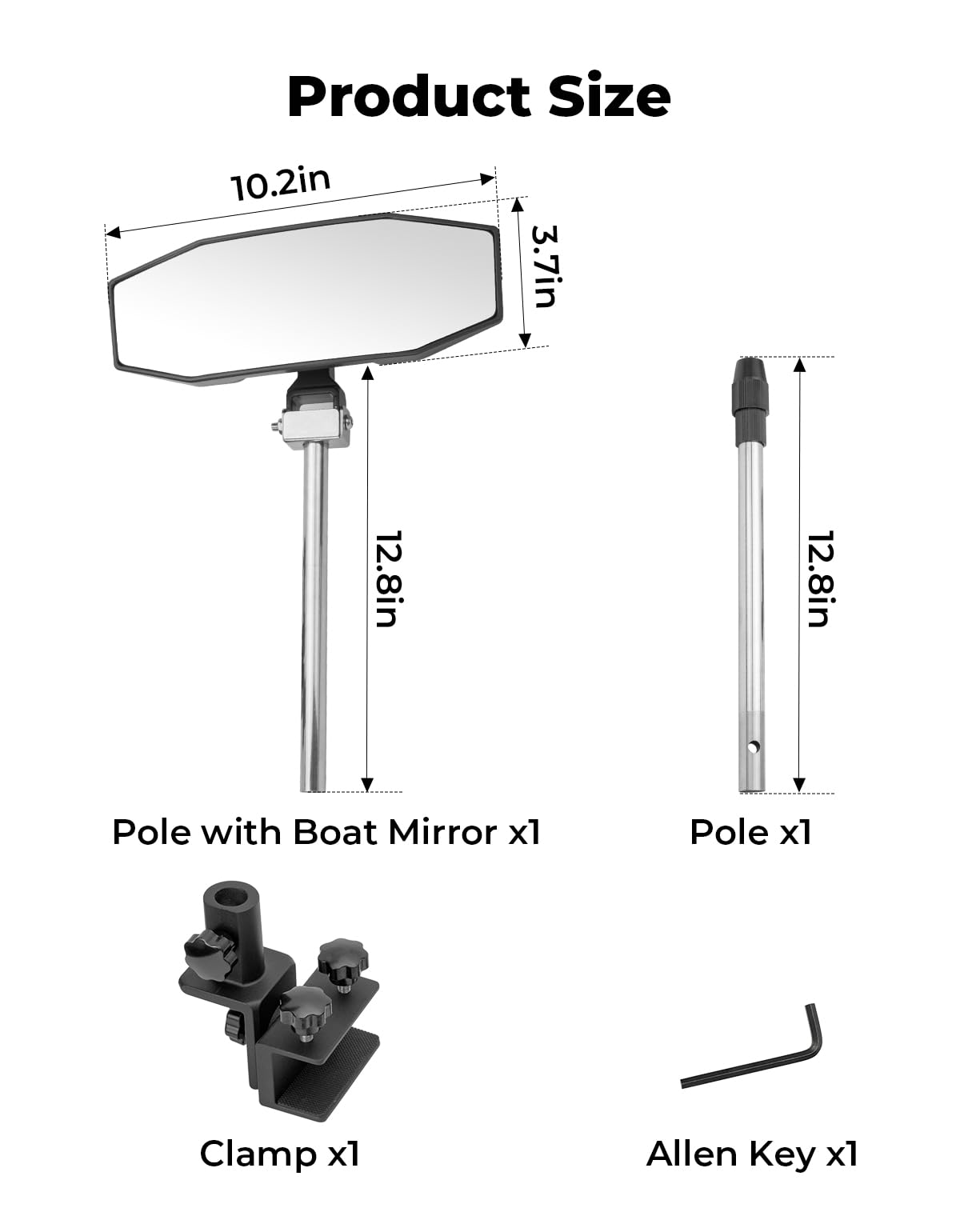 360¡ã Adjustable Boat Rear Mirror with Telescoping Pole 4.5"x8" - Kemimoto
