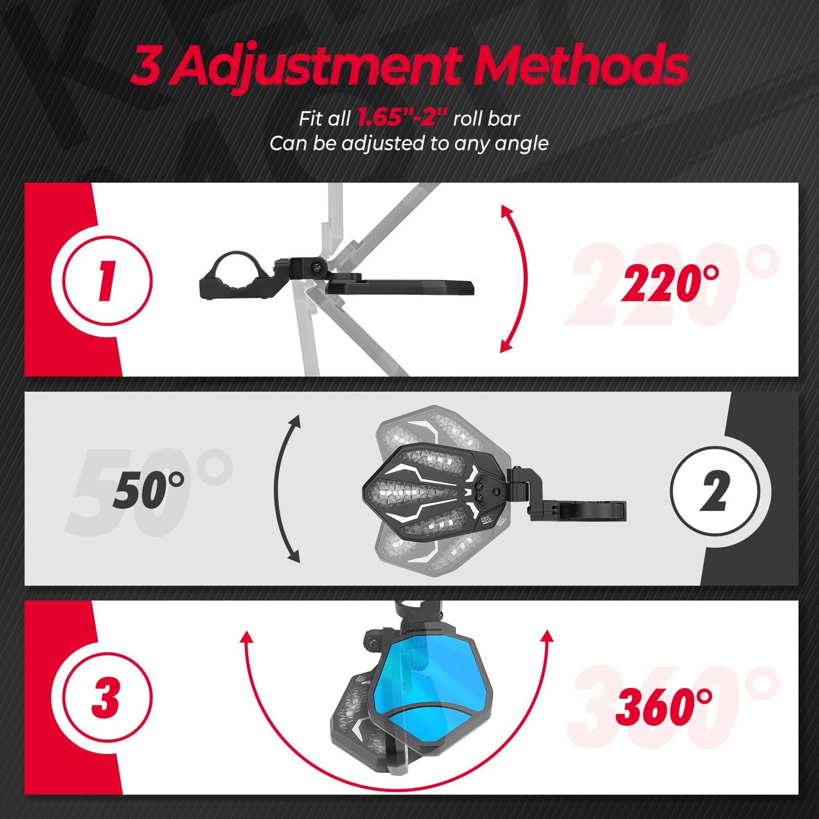 Aluminium RGB Lighted Side Mirrors Fit with Windshield for 1.6"-2" Roll Bar